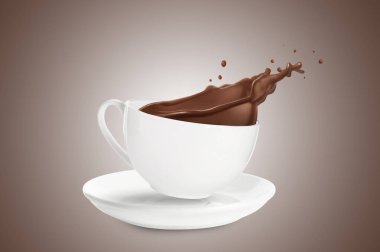 Kahverengi arka planda fincandan dökülen lezzetli çikolatalı süt.