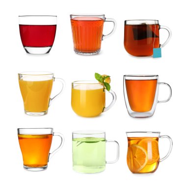 Beyaz ve sette izole edilmiş cam bardaklardaki farklı çay türleri.