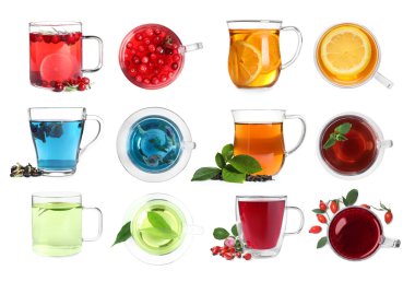 Beyaza izole edilmiş cam bardaklardaki farklı çay çeşitleri. Üst ve yan görünüm