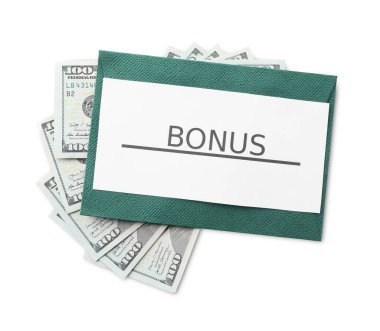 Zarfın içinde Bonus ve dolar banknotları beyaz, üst görünümde izole