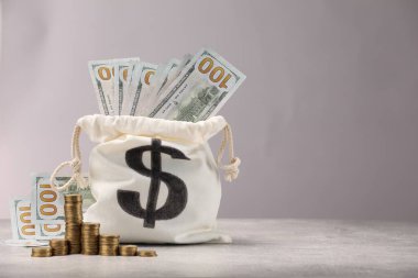 Dolar banknotları ve gri masanın üzerine yığılmış bozuk paralarla dolu bir çanta. Işık arkaplanı, metin için boşluk.