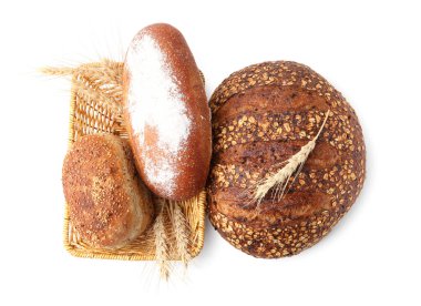 Taze ekmek somunları ve dikenler beyaz, üst manzara