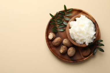 Bej arka planda doğal Shea tereyağı, üst manzara. Metin için boşluk