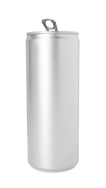 Bir gümüş teneke kutu beyaza izole edilmiş