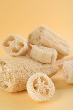 Bej arka planda farklı lif süngerleri, yakın plan