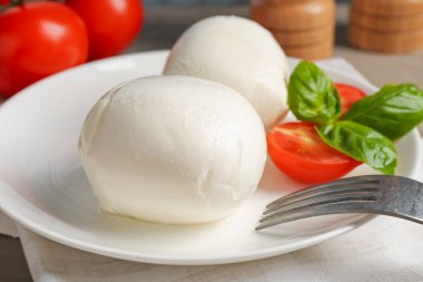 Lezzetli mozzarella peynir topları, domates ve fesleğen, yakın plan.