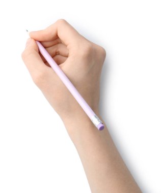 Beyaz arka planda grafit kalemi olan kadın, üst görünüm