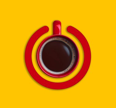 Bir fincan kahve ve daire birleşerek sarı arka planda güç sembolü oluşturuldu.