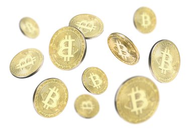 Kripto para birimi. Altın bitsikkeler beyaz arkaplana düşüyor
