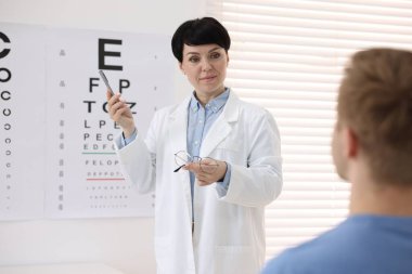 Klinikte hastanın vizyonunu inceleyen profesyonel göz doktoru.