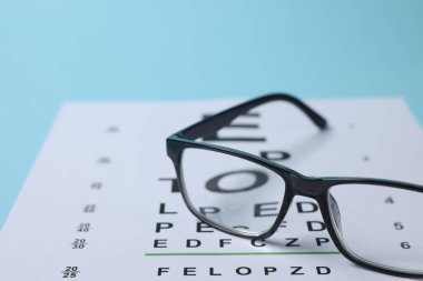 Açık mavi arkaplanda gözlük ve görüş testi grafiği, yakın plan