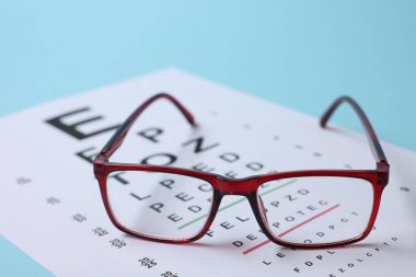 Açık mavi arkaplanda gözlük ve görüş testi grafiği, yakın plan