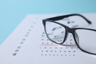 Açık mavi arkaplanda gözlük ve görüş testi grafiği, yakın plan