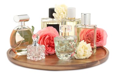 Birçok farklı parfüm şişeleri ve güller beyaz üzerine izole edilmiş.