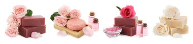 Güllü sabunlar ve beyaza izole edilmiş gerekli yağ, kolaj