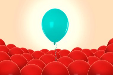 Farklı ol. Turkuaz balon, bej renkli arka planda kırmızıların üzerinde.