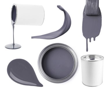 Gri boya. Kutularla kolaj, damla, sıçrat ve beyaz arkaplanda fırça
