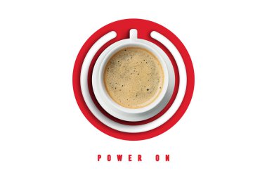 Power On söz ve bekleme sembolü beyaz arka planda bir fincan kahve, üst görünüm