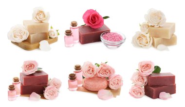 Güllü sabunlar ve beyaza izole edilmiş gerekli yağ, kolaj