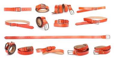 Beyaz arka planda turuncu deri kemer, kolaj