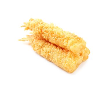 Beyaz tenli üç lezzetli tempura karidesi.