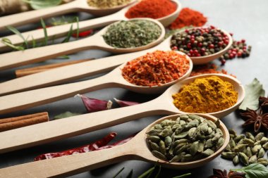 Gri masadaki kaşıklardaki farklı baharatlar, yakın plan.