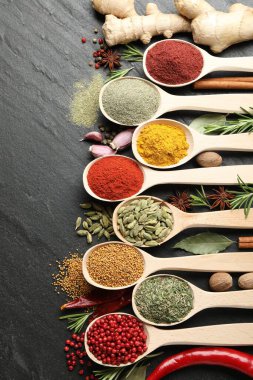 Siyah masadaki kaşıklardaki farklı aromatik baharatlar.