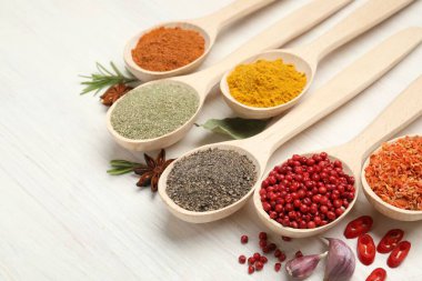 Beyaz ahşap masadaki kaşıklarda farklı aromatik baharatlar, yakın plan.