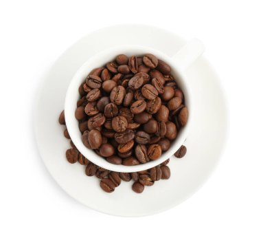 Kavrulmuş kahve çekirdekli seramik fincan, beyaz, üst manzara.