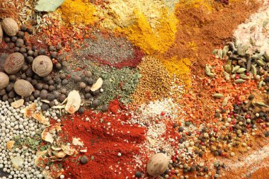 Arka plan, üstten görünüm olarak farklı Aromatik baharatlar