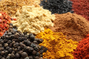 Arkaplan olarak birçok farklı baharat, yakın görünüm