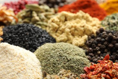 Arkaplan olarak birçok farklı baharat, yakın görünüm