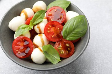 Mozarella soslu lezzetli salata, domates ve fesleğen, yakın plan.