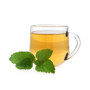 Cam bardakta Aromatik limon merhemi çayı ve beyaz bardakta taze yapraklar.