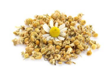 Kuru ve taze papatya çiçeği yığını beyaz üzerine izole edilmiş.