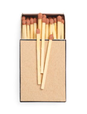 Kahverengi başlıklı kibrit ve kutu beyaz, üst görünümde izole