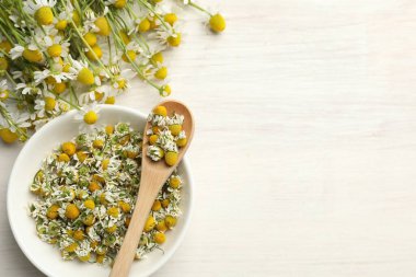 Kuru ve taze papatya çiçekleri açık ahşap masada, düz yerde. Metin için boşluk
