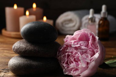 Siyah arka planda taş ve çiçekli spa kompozisyonu, yakın plan.