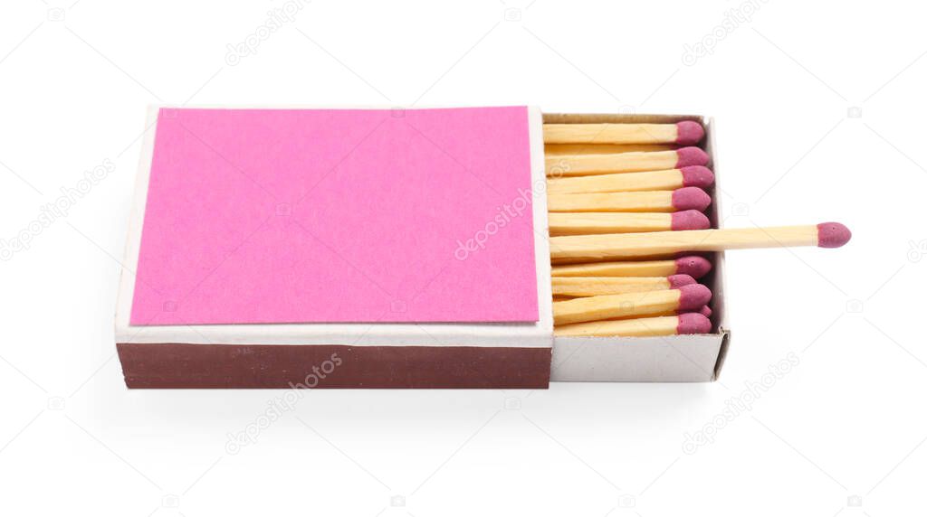Matches in box isolated on white. Mockup for design