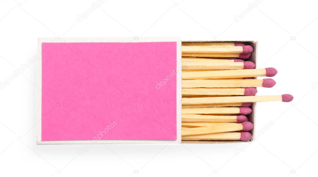 Matches in box isolated on white, top view. Mockup for design