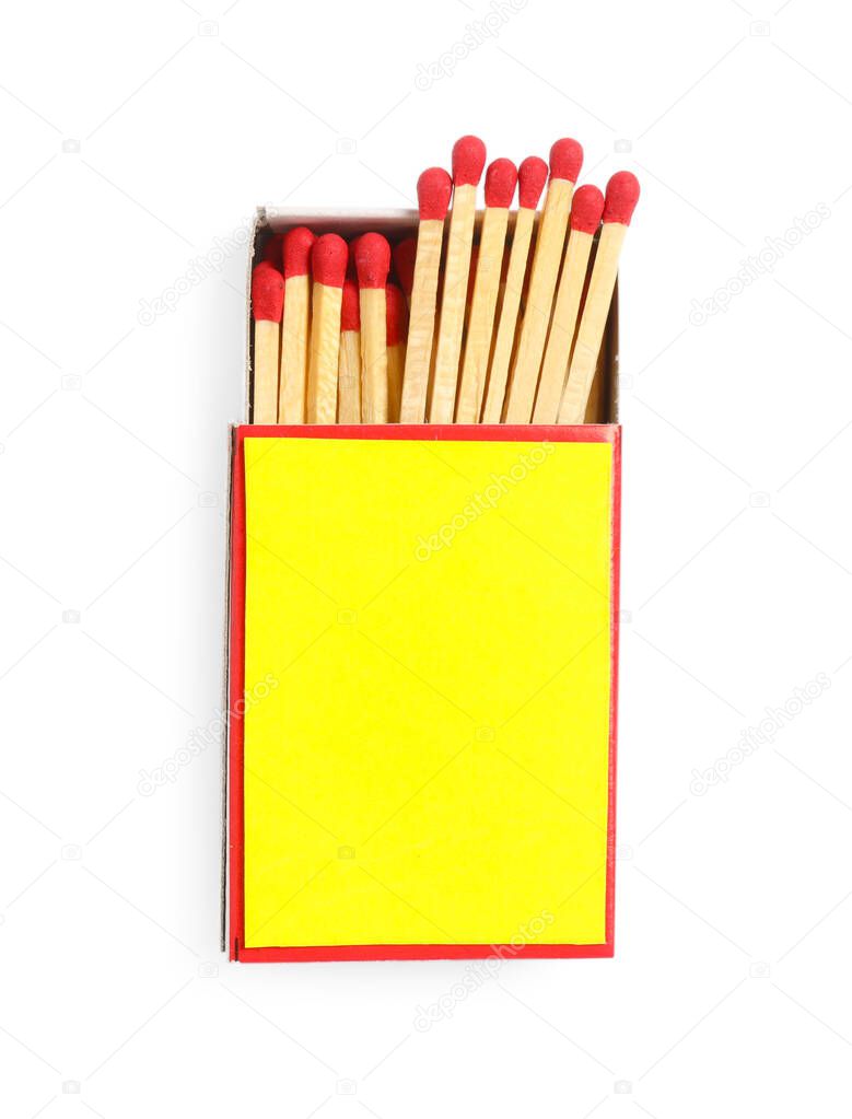 Matches in box isolated on white, top view. Mockup for design