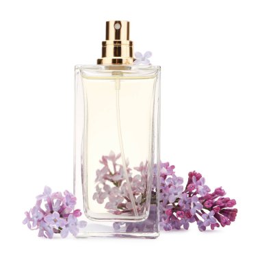 Parfüm ve güzel leylak çiçekleri beyaza izole edilmiş.