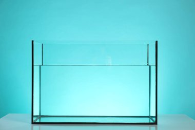 Beyaz masada turkuaz arka planda su bulunan cam akvaryum