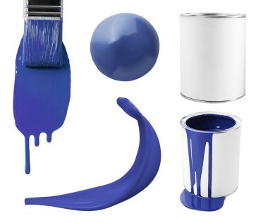 Mavi boya. Kutularla kolaj, damla, sıçrat ve beyaz arkaplanda fırça