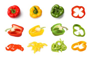 Beyaza izole edilmiş taze dolmalık biber, kolaj. Tam ve dilimlenmiş.