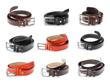 Beyaz arka planda farklı deri kemerler, kolaj