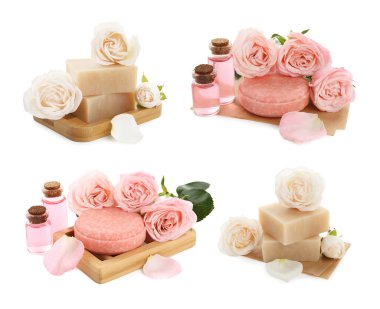 Güllü sabunlar ve beyaza izole edilmiş gerekli yağ, kolaj