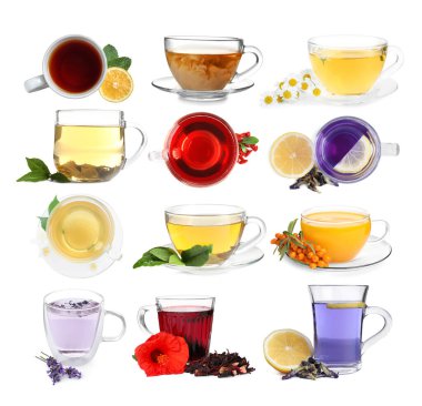 Beyaza izole edilmiş bardaklardaki farklı çay çeşitleri.