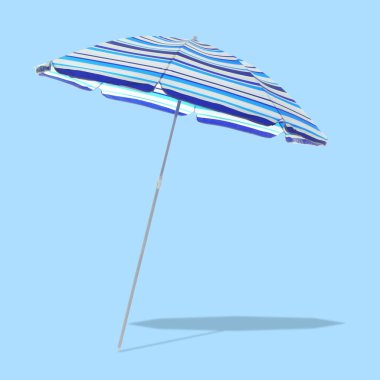 Mavi çizgili plaj şemsiyesi açık mavi arkaplanda gölge oluşturur