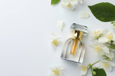 Bir şişe parfüm, yasemin çiçekleri ve beyaz arka planda yeşil yapraklar. Metin için boşluk